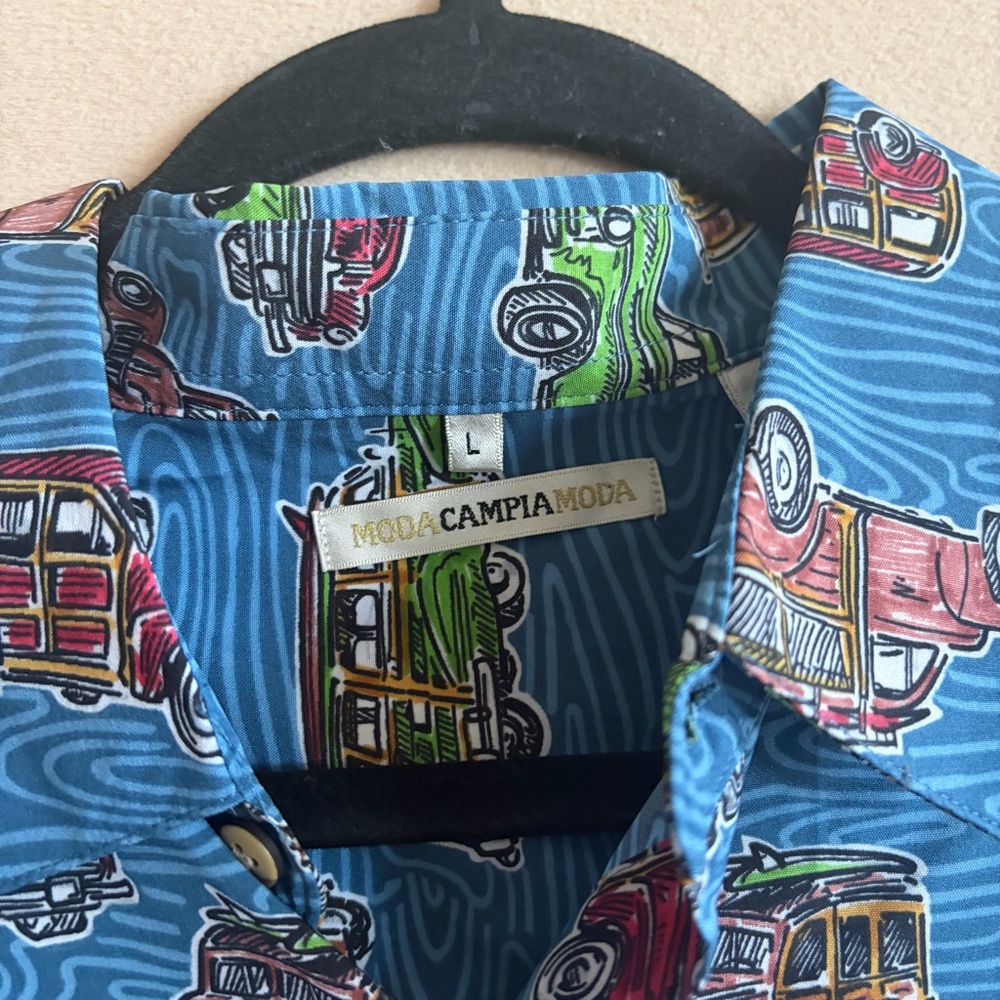 Campia Moda Men’s NEWShort Sleeve Button-Up Shirt Blue Retro Car Print Size L - Picture 4 of 14